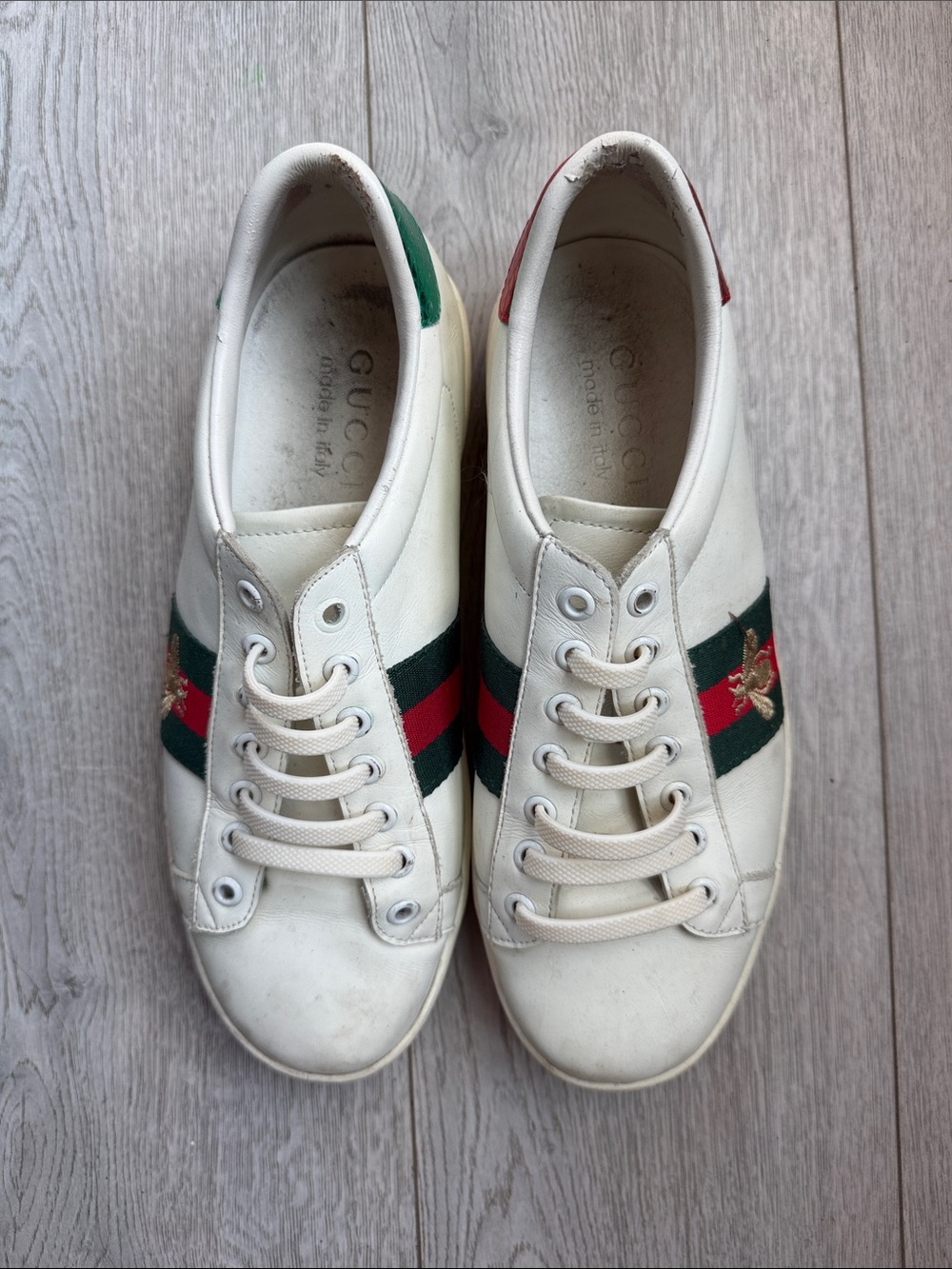 Gucci Cream Leather Sneakers with Green and Red Web and Gold Bee